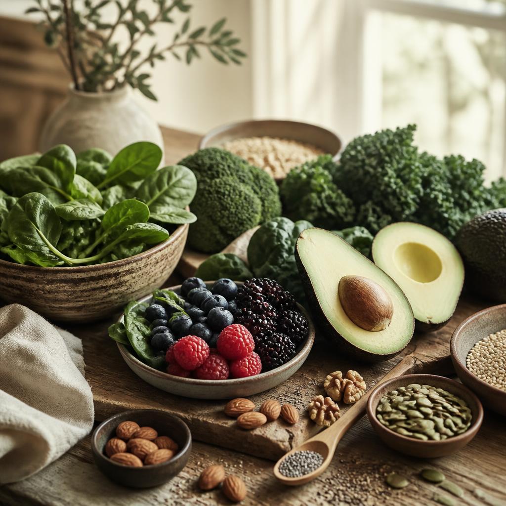 Mesa rústica com legumes, frutas, sementes e abacate, simbolizando a nutrição consciente