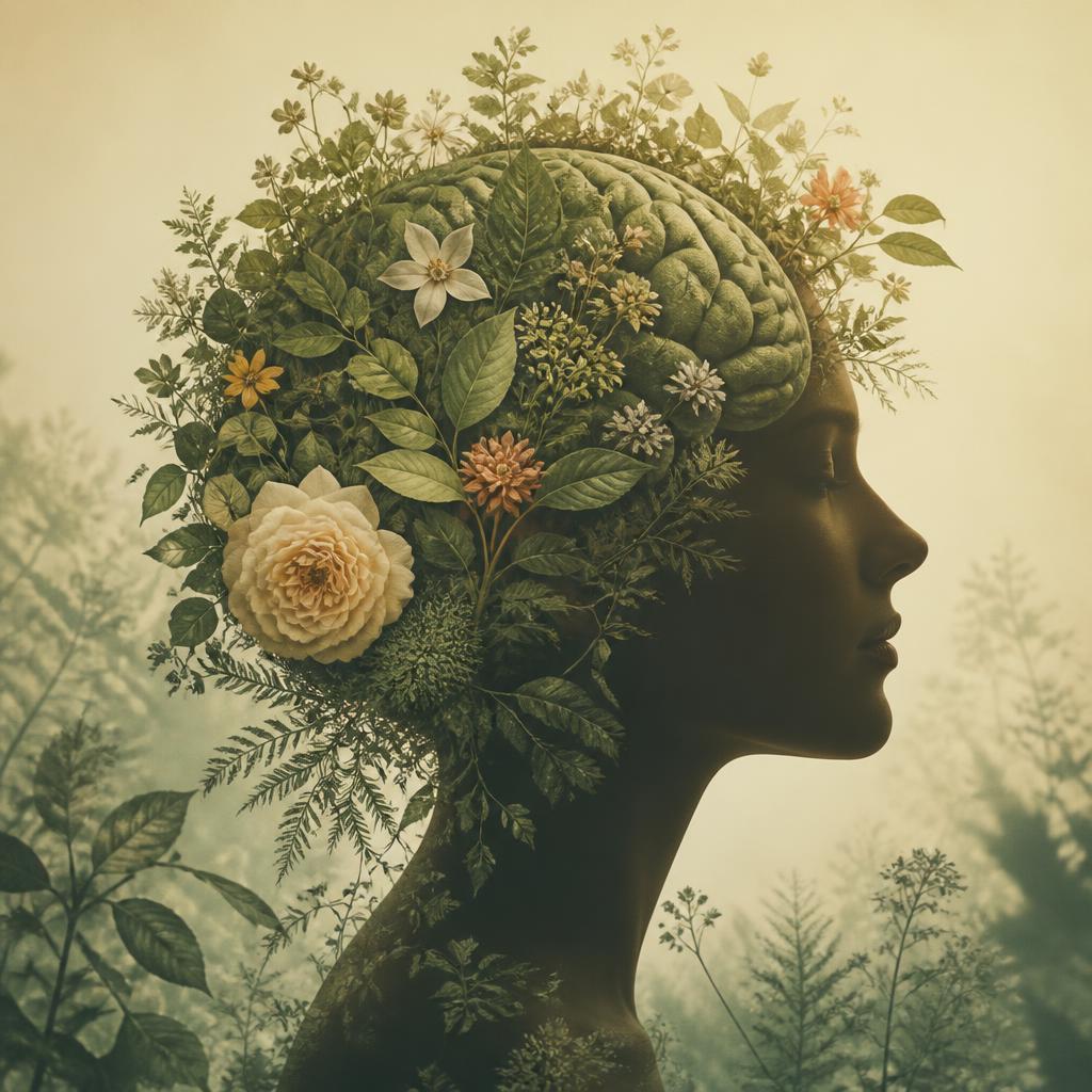 Silhueta de perfil com cérebro feito de folhas e flores, simbolizando a reprogramação mental